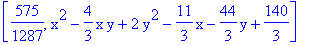 [575/1287, x^2-4/3*x*y+2*y^2-11/3*x-44/3*y+140/3]
